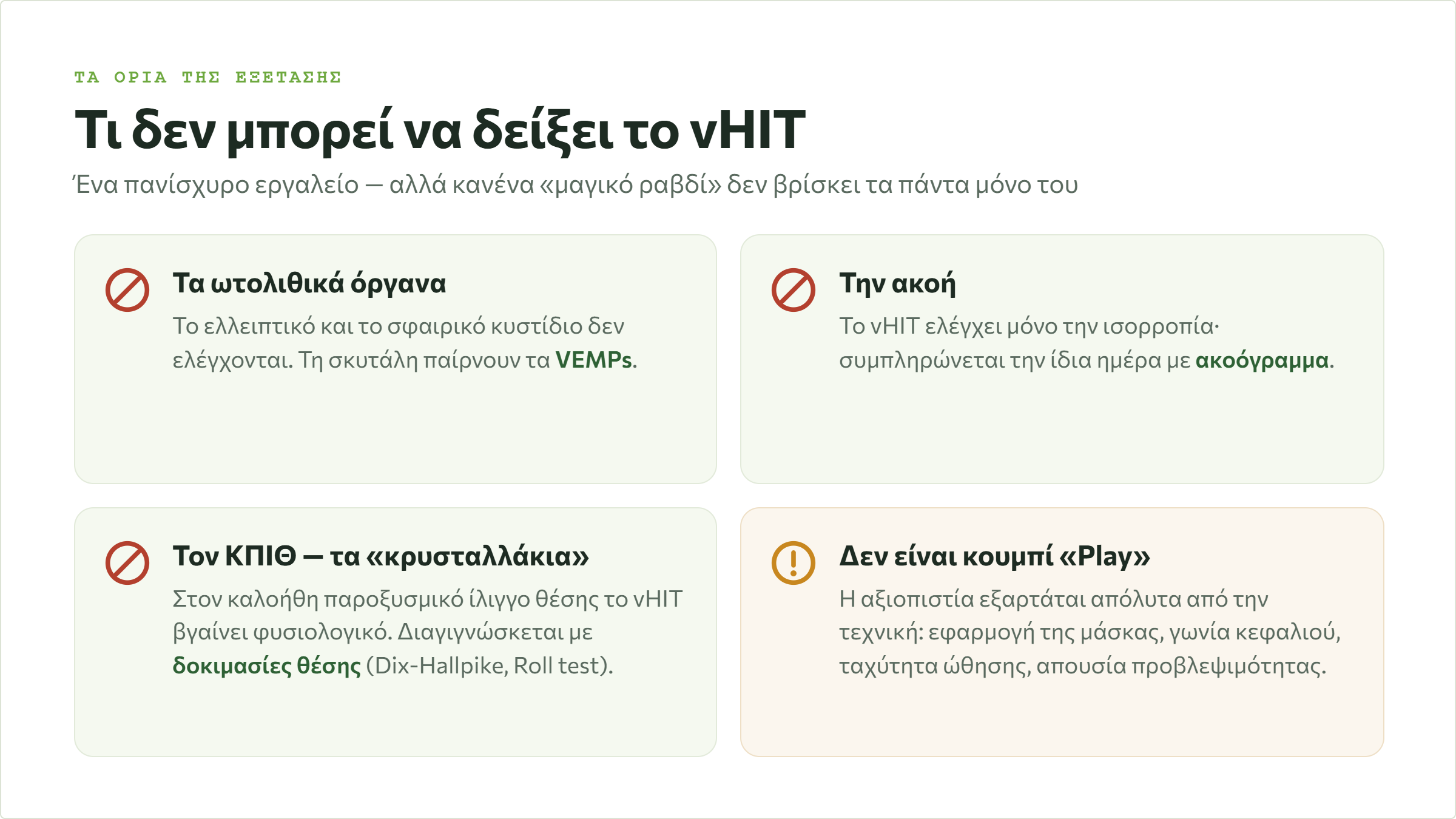 Τα όρια της εξέτασης vHIT: δεν ελέγχει τα ωτολιθικά όργανα ούτε την ακοή, δεν διαγιγνώσκει τον καλοήθη παροξυσμικό ίλιγγο θέσης και εξαρτάται από την τεχνική του εξεταστή