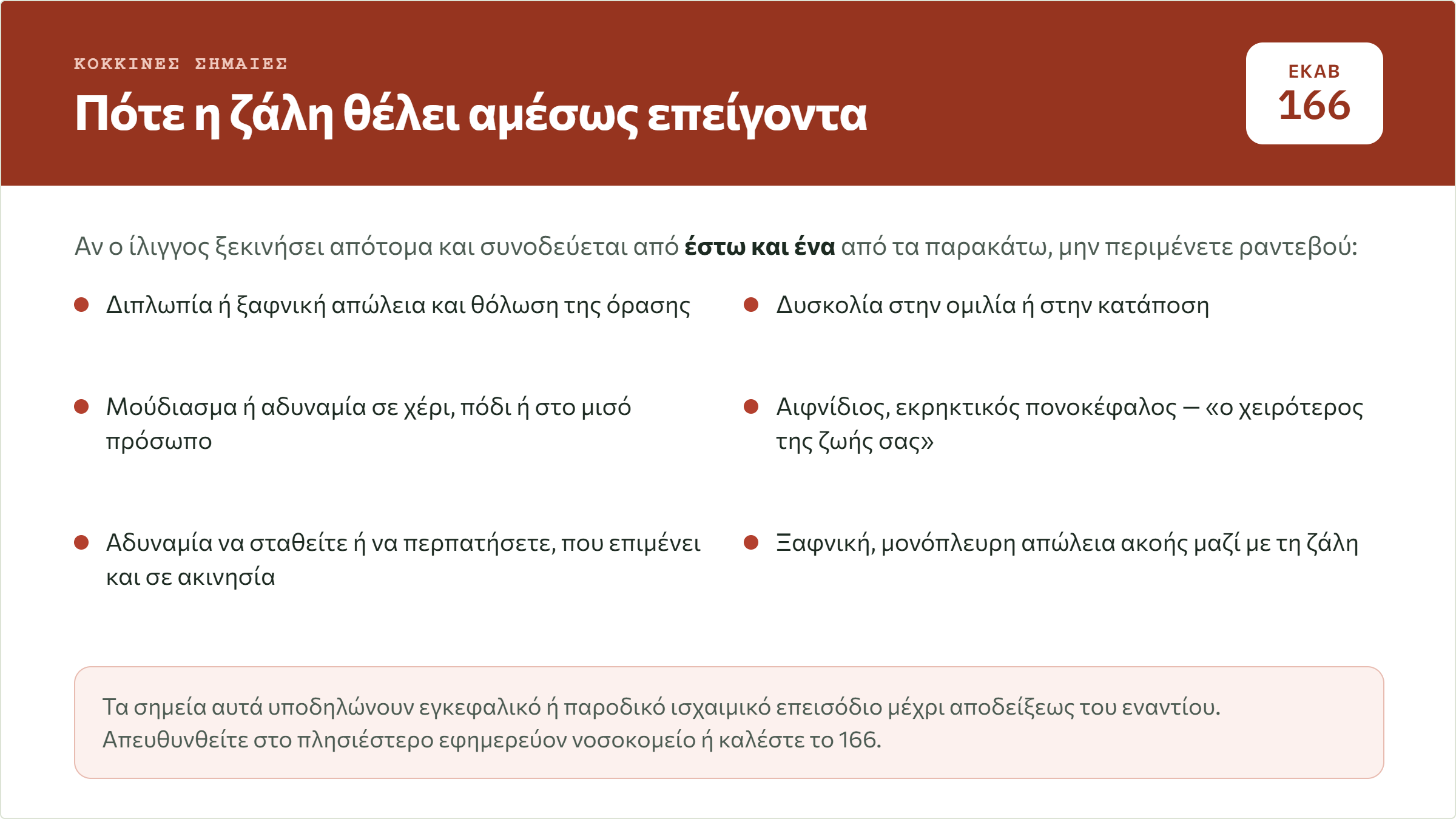 Κόκκινες σημαίες στη ζάλη που απαιτούν άμεση μετάβαση στα επείγοντα: διπλωπία, δυσκολία ομιλίας, μούδιασμα, εκρηκτικός πονοκέφαλος, αδυναμία βάδισης, αιφνίδια απώλεια ακοής